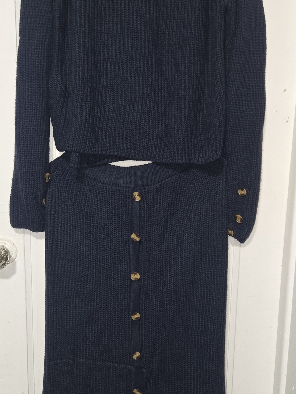 SHEIN Navy Ribbed Midi Skirt with Gold Buttons